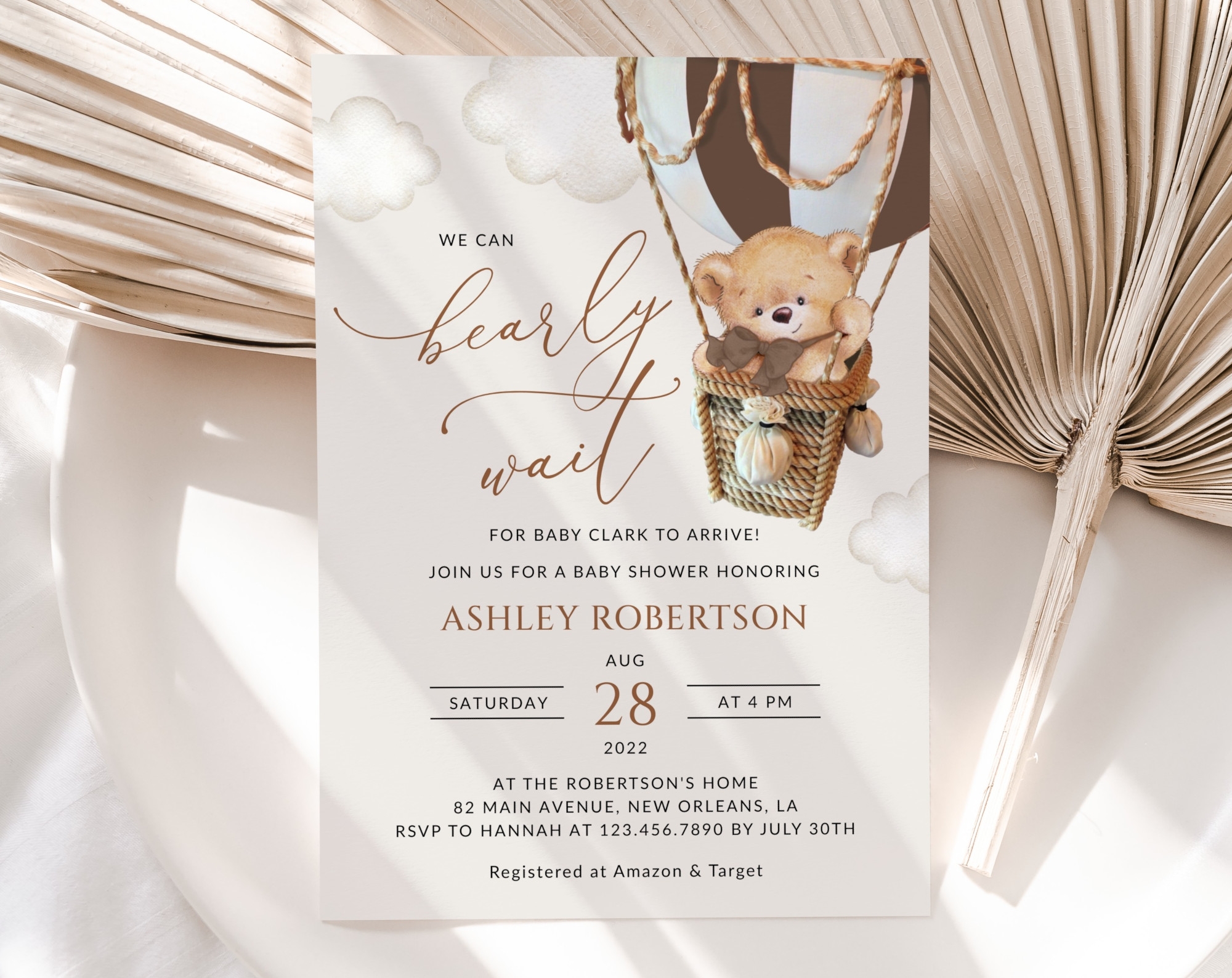 Bear In Brown Balloon Baby Shower Invitation Baby Stationery