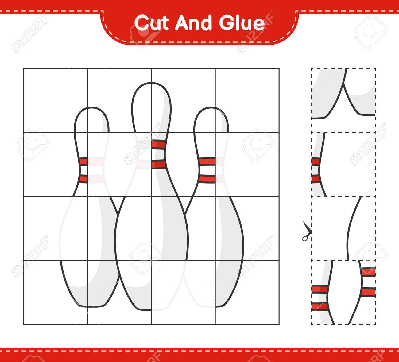 Cut And Glue Cut Parts Of Bowling Pin And Glue Them Educational Children Game Printable Worksheet Vector Illustration Royalty Free SVG Cliparts Vectors And Stock Illustration Image 182690329 