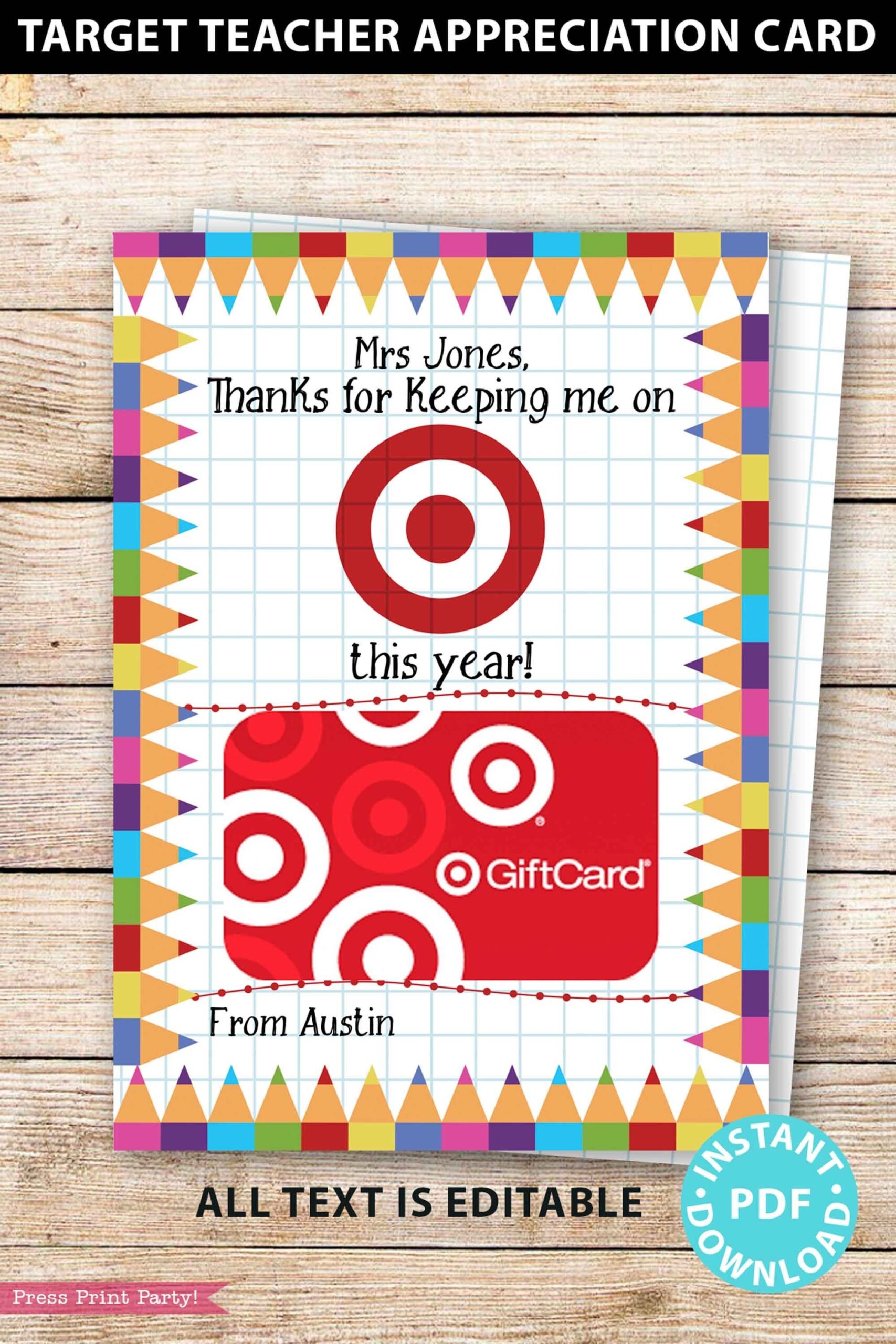 EDITABLE Target Gift Card Holder Teacher Gift Printable Template 5x7 Thanks For Keeping Me On Target This Year INSTANT DOWNLOAD Etsy