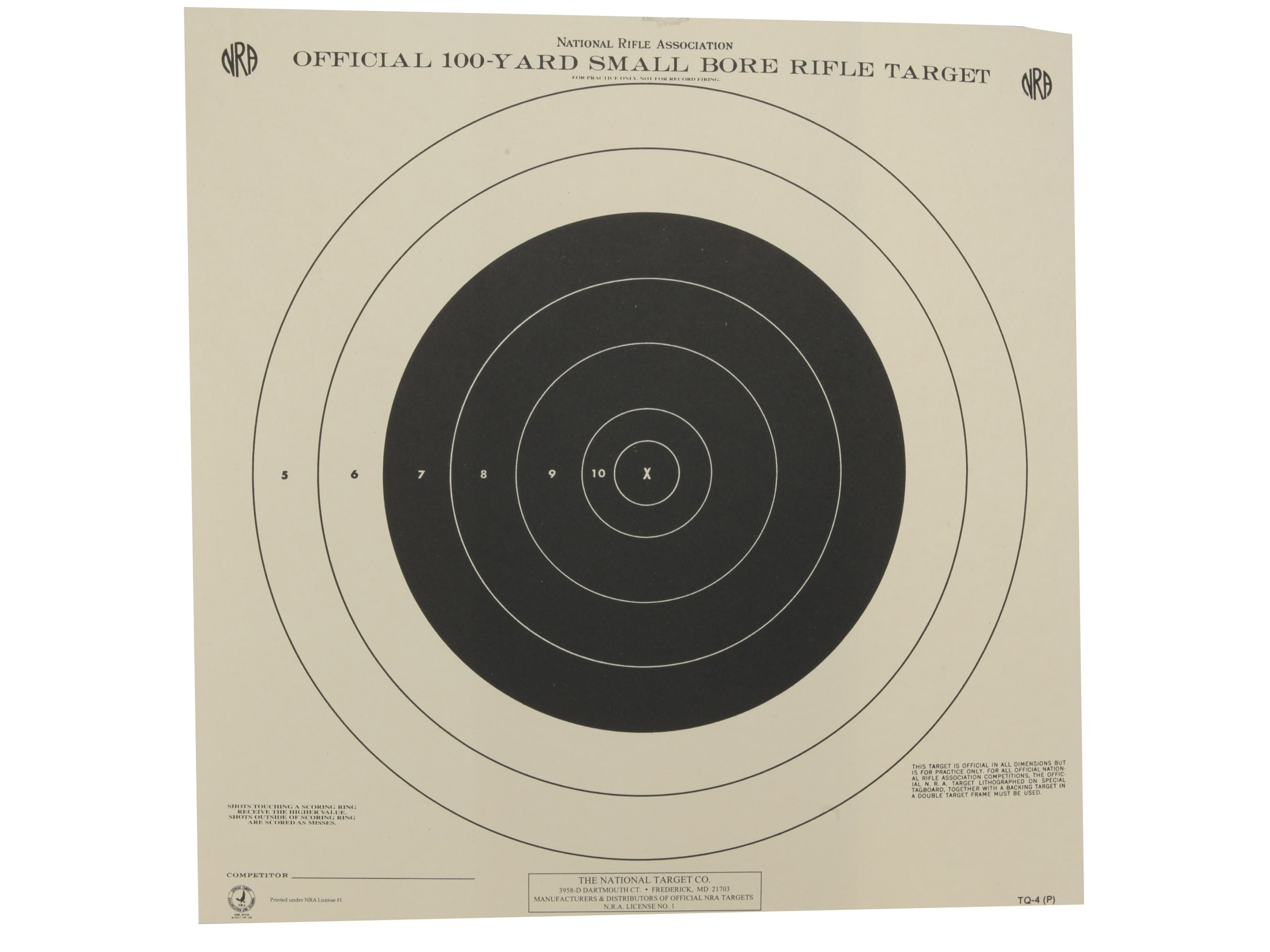 NRA Official Smallbore Rifle Training Target TQ 4 100 Yard Paper 100PK