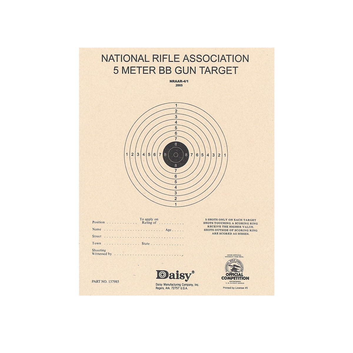 Official NRA 5 Meter BB Targets Daisy National BB Gun Championship