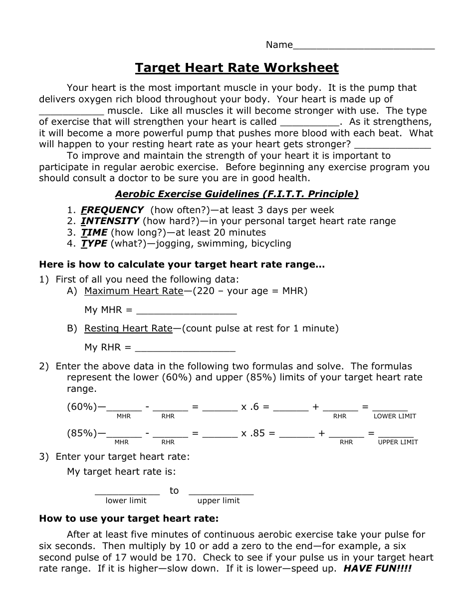 Target Heart Rate Worksheet Three Points Download Printable PDF Templateroller